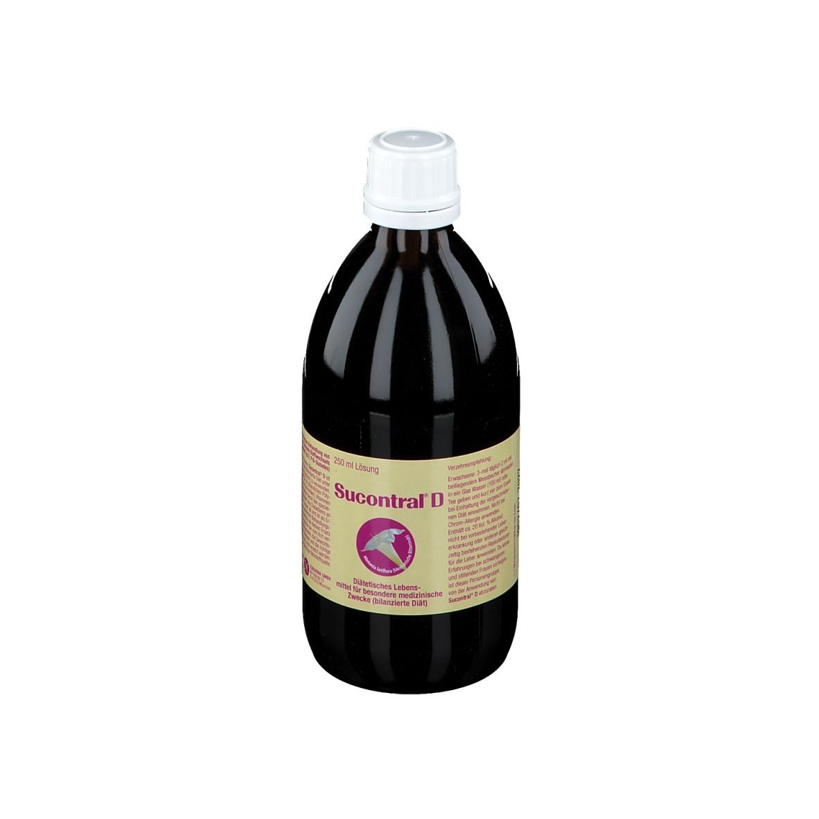 Braune Glasflasche mit weißem Deckel. Etikett mit Produktname Sucontral D und Logo. Flüssigkeit.