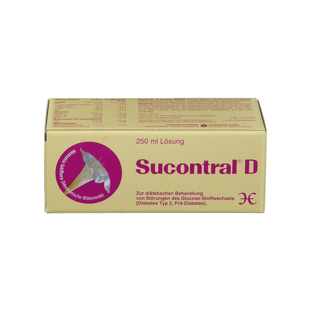Kartonverpackung mit Produktname Sucontral D und Logo. Enthält 250 ml Lösung.