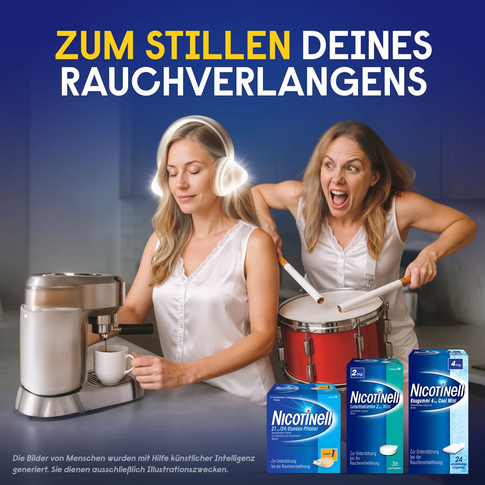 Szene mit zwei Personen. Produkte: Nicotinell Pflaster, Kaugummi und Lutschtabletten. Text: Zum Stillen deines Rauchverlangens.