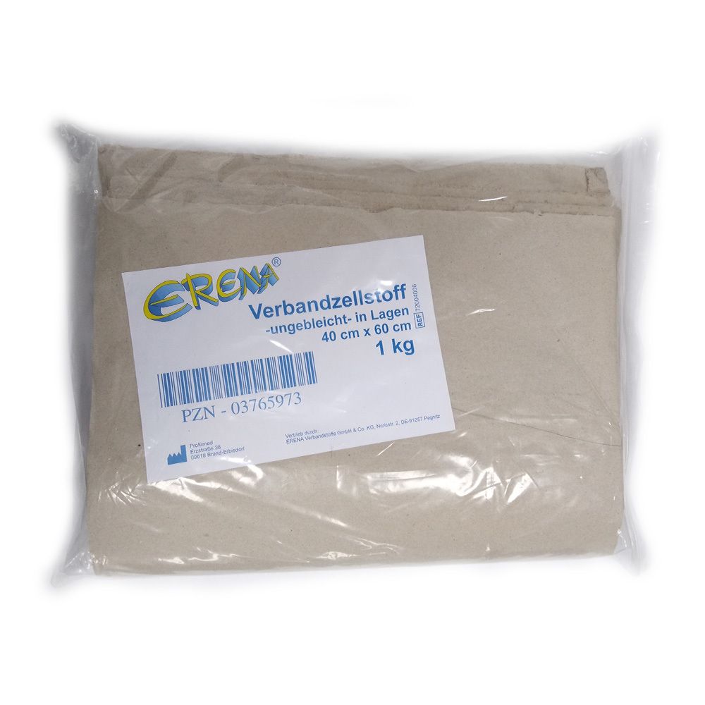 Verbandzellstoff in Folienverpackung. Aufschrift: Erena, Verbandzellstoff, 40 cm x 60 cm, 1 kg. PZN-03765973.