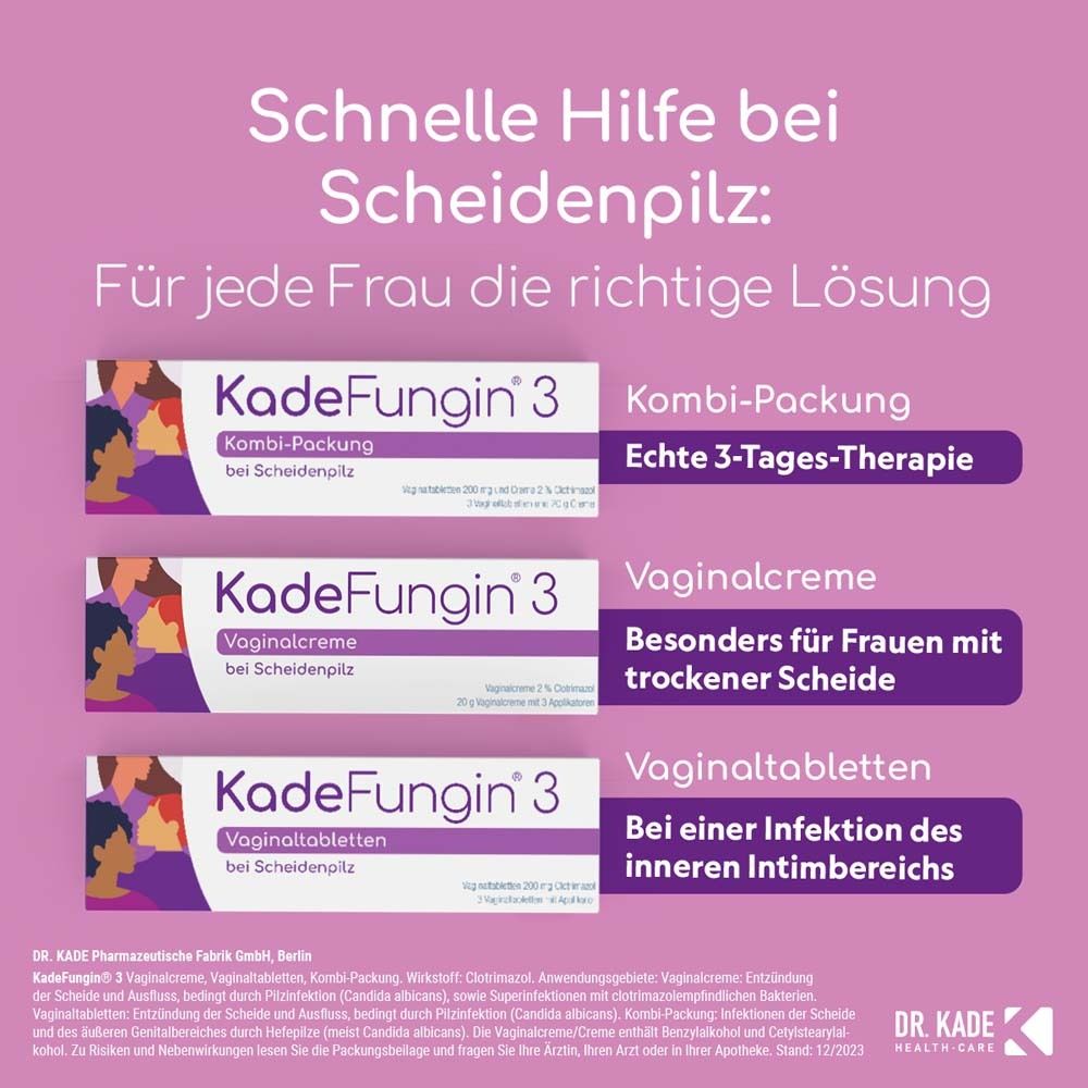 KadeFungin 3 Packungen. Text: Schnelle Hilfe bei Scheidenpilz. Produkte: Kombi-Packung, Vaginalcreme, Vaginaltabletten.