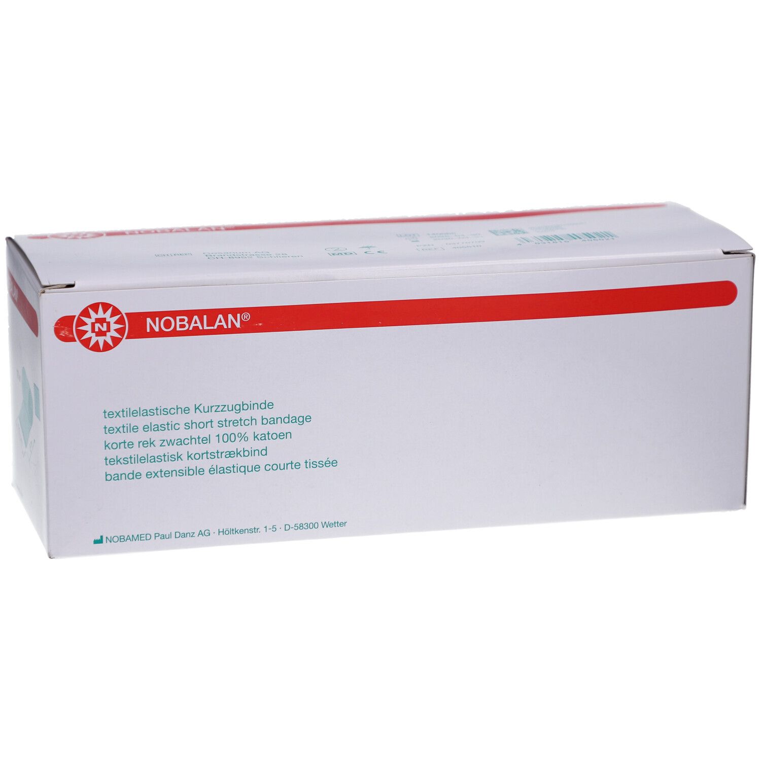 NOBALAN® Verpackung. Weißer Karton mit rotem Streifen. Text in mehreren Sprachen.