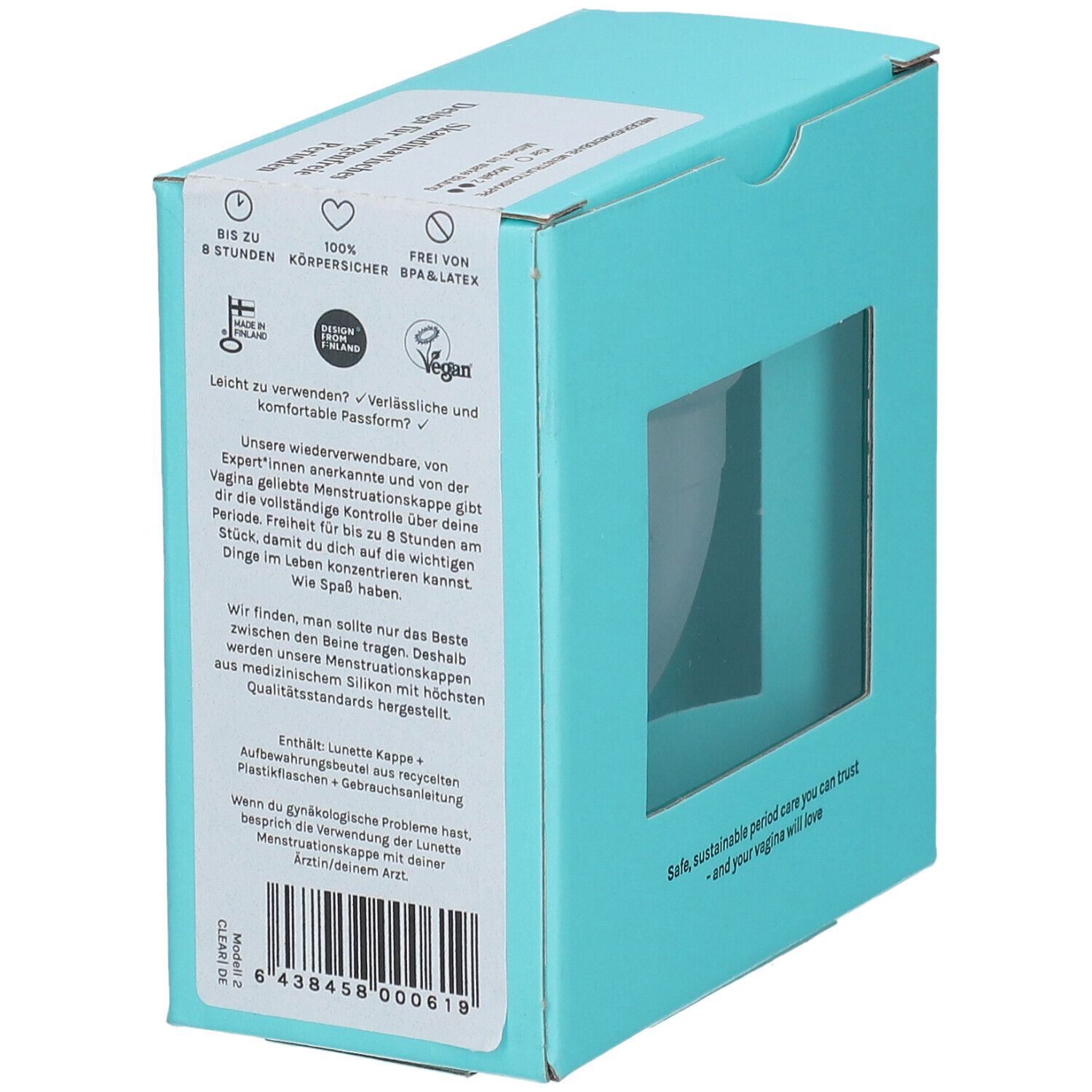 Türkisfarbene Verpackung. Text: Safe, sustainable period care you can trust... Marke Lunette.