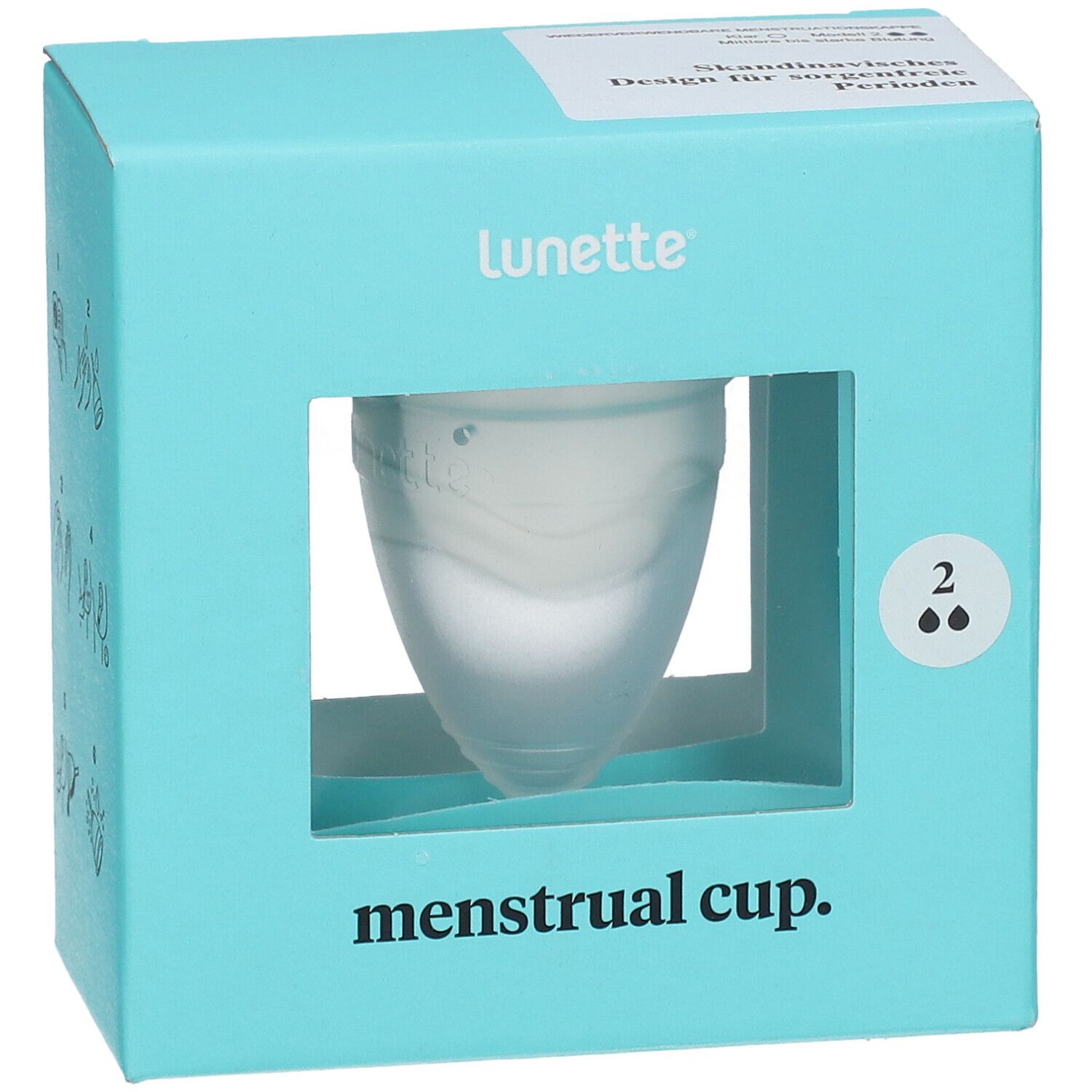 Verpackung der Menstruationstasse. Marke Lunette. Sichtfenster zeigt die Tasse. Text: menstrual cup.
