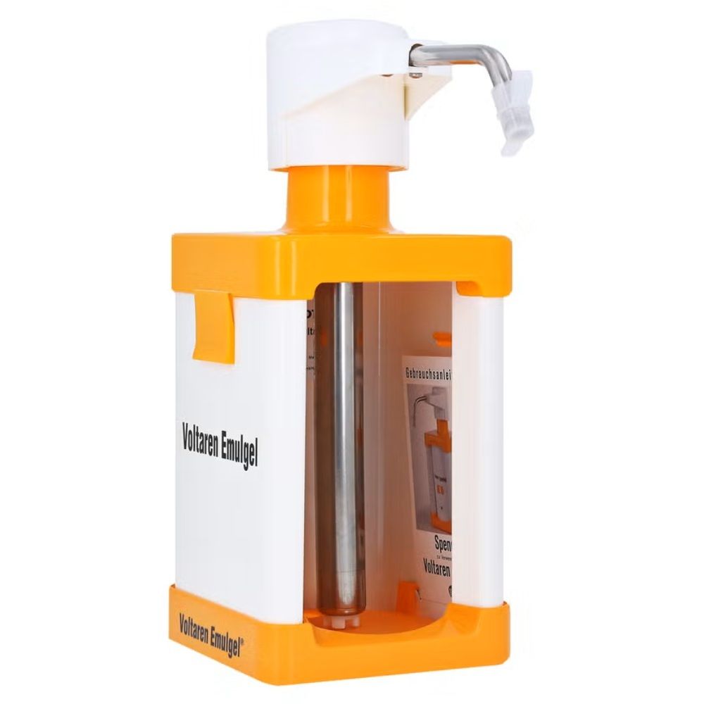 Voltaren Emulgel Spendergehäuse mit Ausgabekopf und innenliegendem Behälter.