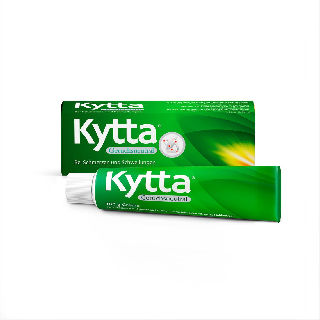 Grüne Tube und Schachtel mit Kytta® Geruchsneutral. Text: Bei Schmerzen und Schwellungen. 100 g Creme.