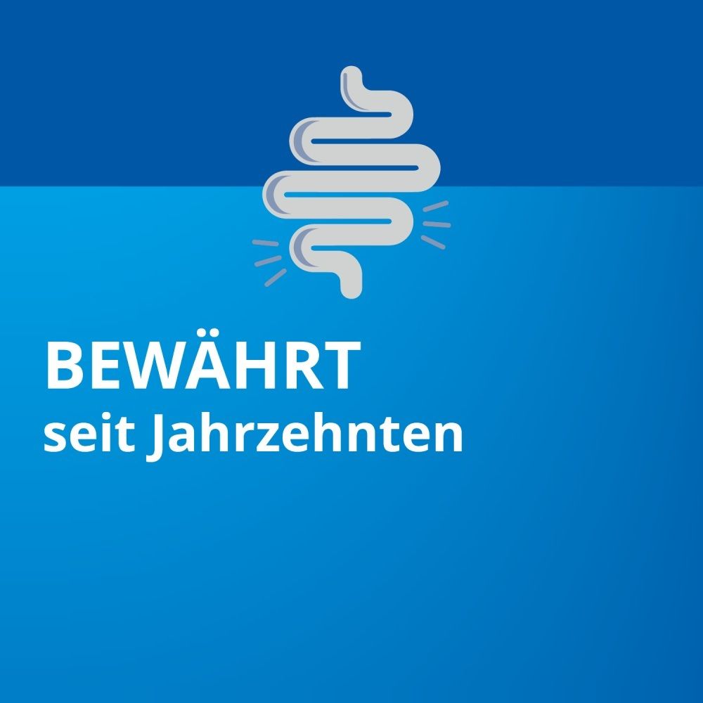 Symbol eines Verdauungssystems. Text: Bewährt seit Jahrzehnten.