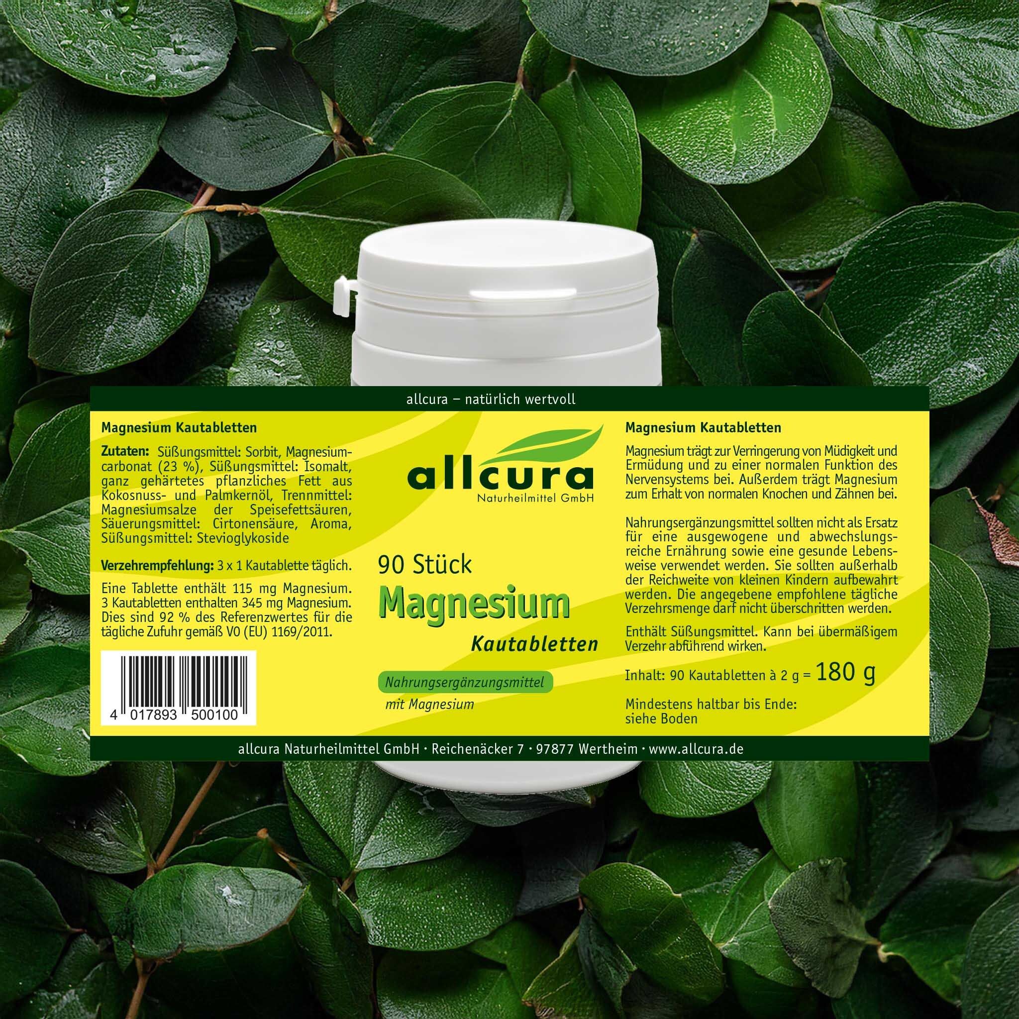Gelbes Etikett mit Text. Zutatenliste, Nährwertangaben, Verzehrempfehlung. Marke: allcura. 90 Magnesium Kautabletten.