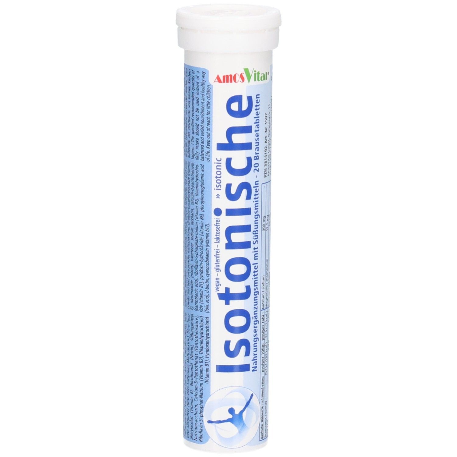 Zylindrische Tube mit AmosVital Isotonische Brausetabletten. Blaue und weiße Verpackung. Text: Isotonische Brausetabletten.