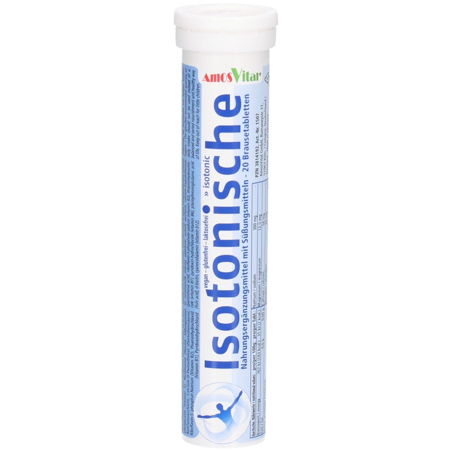 Vorderseite der Tube mit AmosVital Isotonische Brausetabletten. Blaue und weiße Verpackung. Text: Isotonische Brausetabletten.