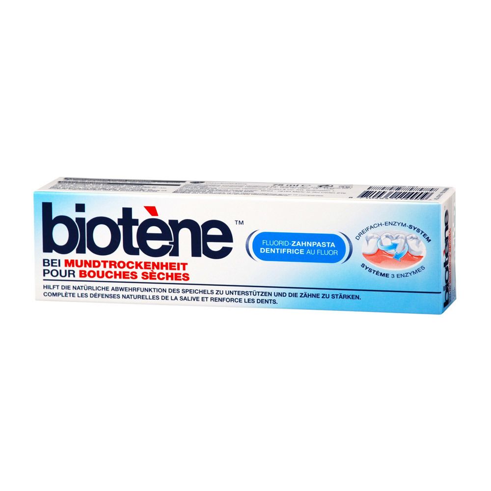 Zahncreme-Verpackung von Biotene. Blaue und weiße Tube mit Schriftzug "biotène" und Text in Deutsch und Französisch. Enthält Fluorid.