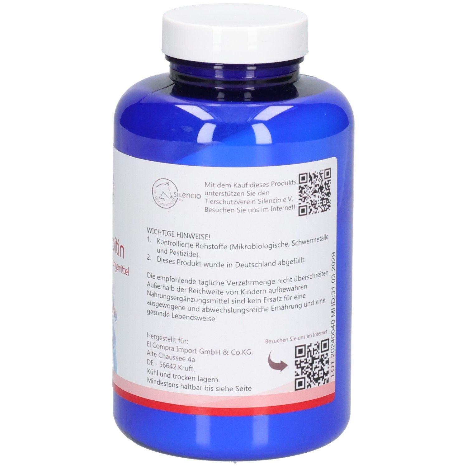 Rückseite der blauen Flasche. QR-Code und Informationen. Wichtige Hinweise. Hergestellt in Deutschland.