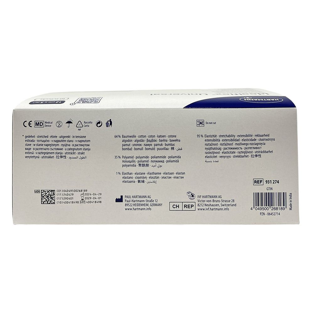 Rückseite der Verpackung von Idealflex Universalbinden. Enthält Informationen zu Inhaltsstoffen und Hersteller.