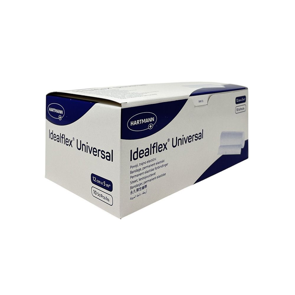 Verpackung von Idealflex Universalbinden. Enthält 10 Stück, 12 cm x 5 m. Marke Hartmann. Ansicht von der Seite.