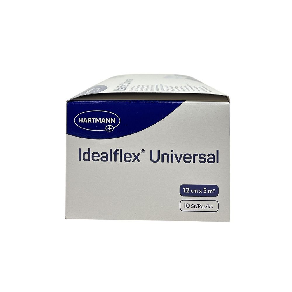 Vorderseite der Verpackung von Idealflex Universalbinden. Enthält 10 Stück, 12 cm x 5 m. Marke Hartmann.