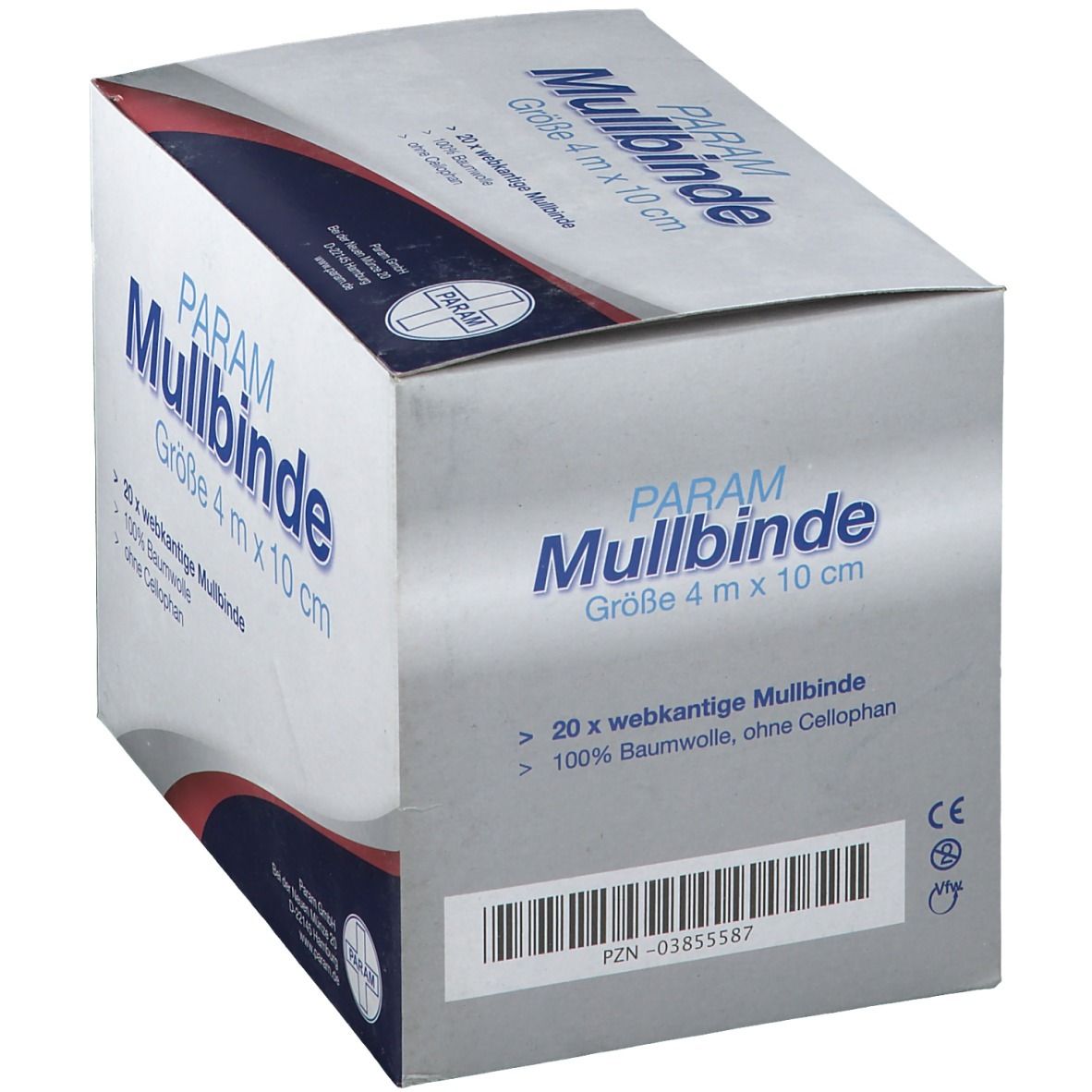 Schräg gestellte Verpackung von PARAM Mullbinde. Größe 4 m x 10 cm. Enthält 20 Mullbinden aus 100% Baumwolle, ohne Cellophan. Weiß-blaue Box.