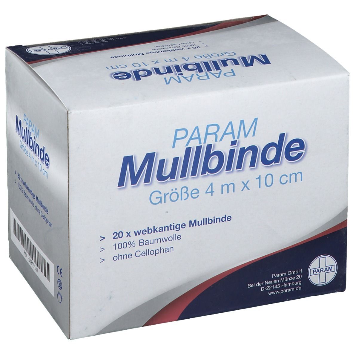 Verpackung von PARAM Mullbinde. Größe 4 m x 10 cm. Enthält 20 Mullbinden aus 100% Baumwolle, ohne Cellophan. Weiß-blaue Box.