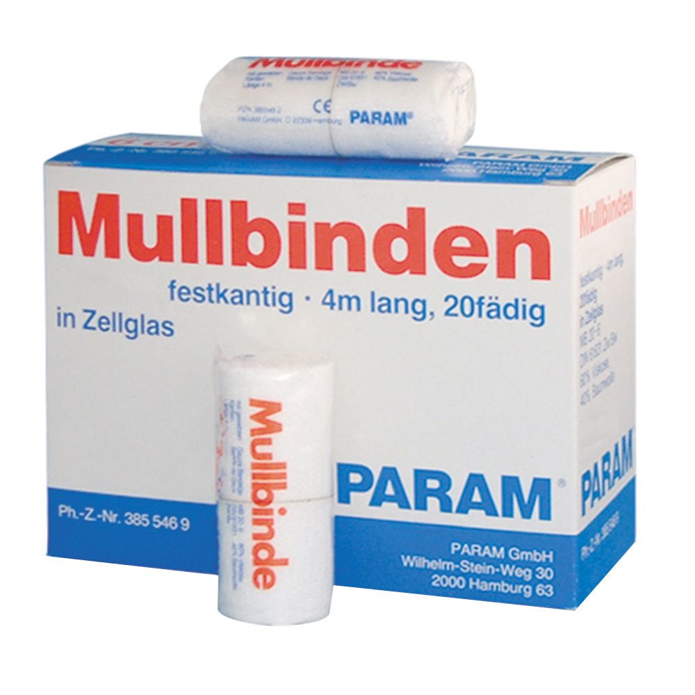 Verpackung mit Mullbinden. Aufschrift: Mullbinden, festkantig, 4m lang, 20fädig. Zwei Rollen Mullbinden liegen auf der Verpackung.
