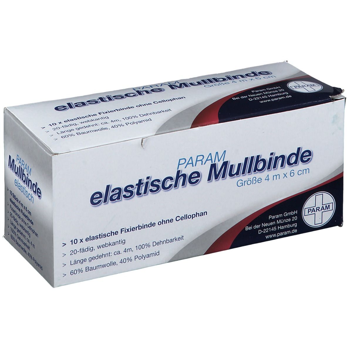 Verpackung von PARAM Mullbinde. Größe 4 m x 6 cm. Text: elastische Mullbinde, 10 Fixierbinden, 20-fädig, webkantig, 60% Baumwolle, 40% Polyamid.