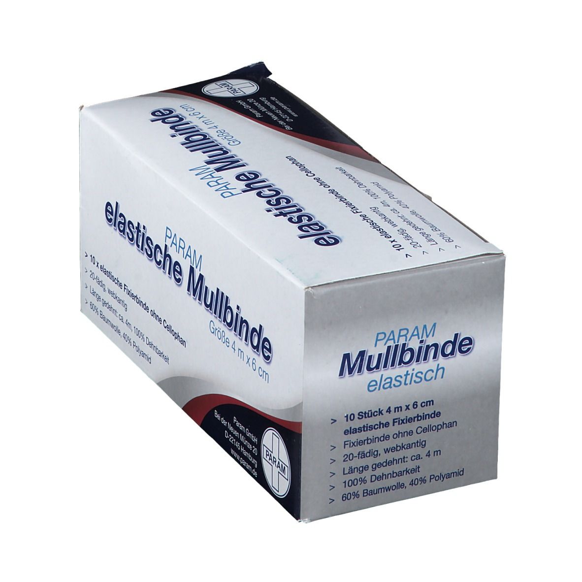 Verpackung von PARAM Mullbinde. Größe 4 m x 6 cm. Text: elastische Mullbinde, 10 Fixierbinden, 20-fädig, webkantig, 60% Baumwolle, 40% Polyamid.