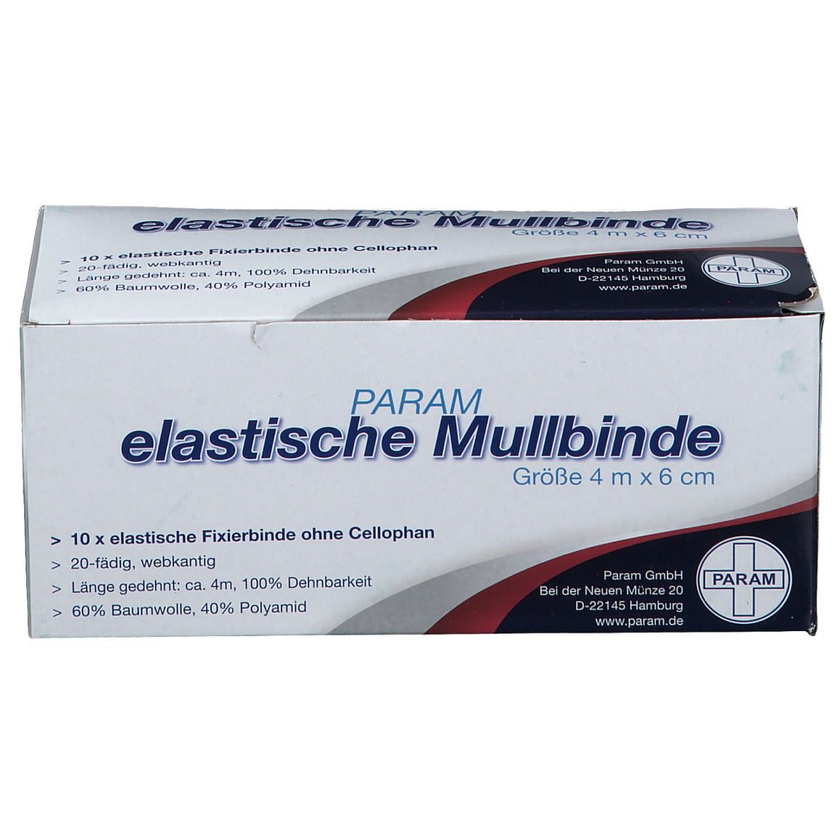 Verpackung von PARAM Mullbinde. Größe 4 m x 6 cm. Text: elastische Mullbinde, 10 Fixierbinden, 20-fädig, webkantig, 60% Baumwolle, 40% Polyamid.