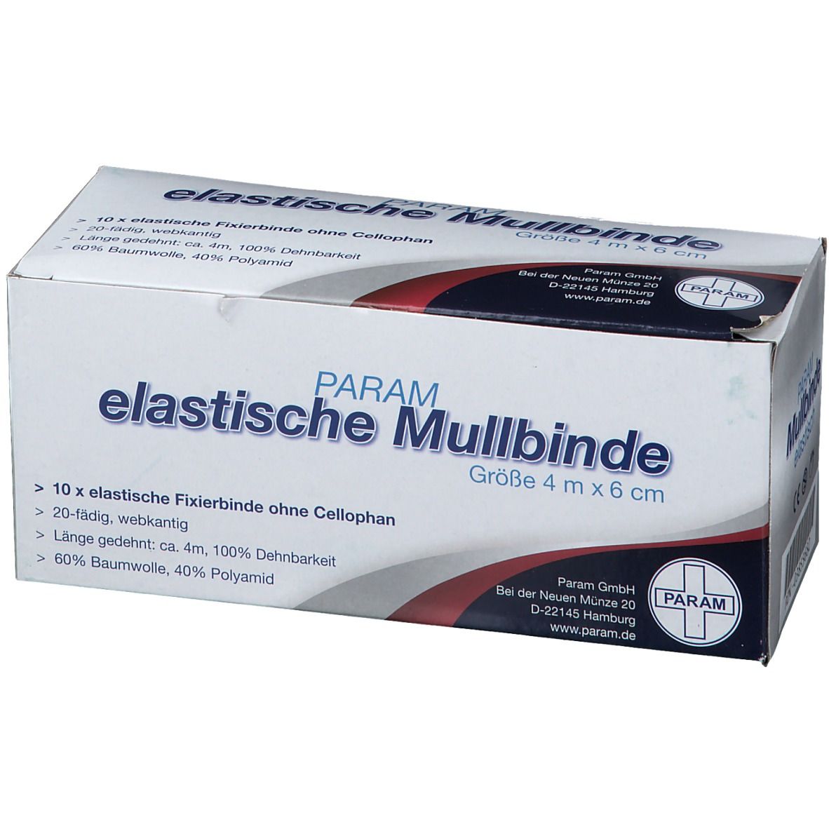 Verpackung von PARAM Mullbinde. Größe 4 m x 6 cm. Text: elastische Mullbinde, 10 Fixierbinden, 20-fädig, webkantig, 60% Baumwolle, 40% Polyamid.