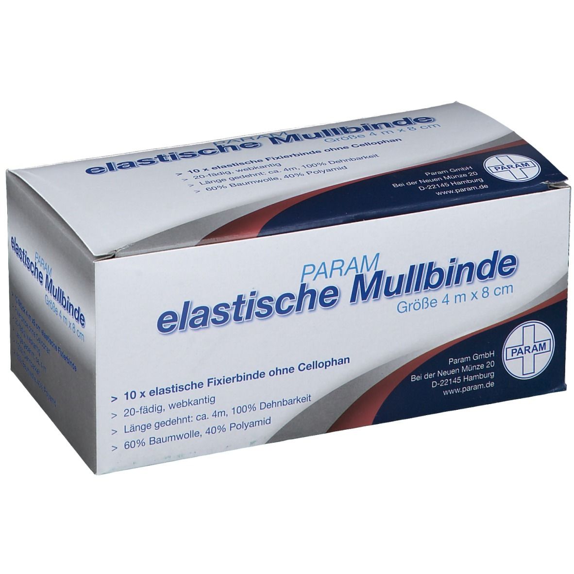 Verpackung von PARAM elastische Mullbinde, Größe 4 m x 8 cm. Enthält 10 elastische Fixierbinden ohne Cellophan. 60% Baumwolle, 40% Polyamid.