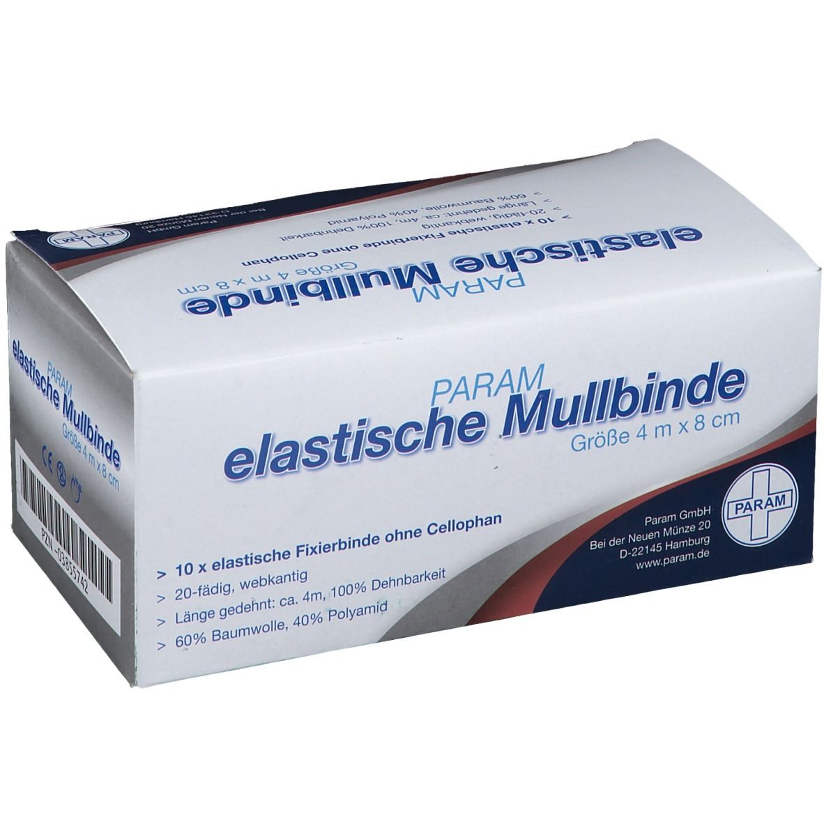 Verpackung von PARAM elastische Mullbinde, Größe 4 m x 8 cm. Enthält 10 elastische Fixierbinden ohne Cellophan. 60% Baumwolle, 40% Polyamid.