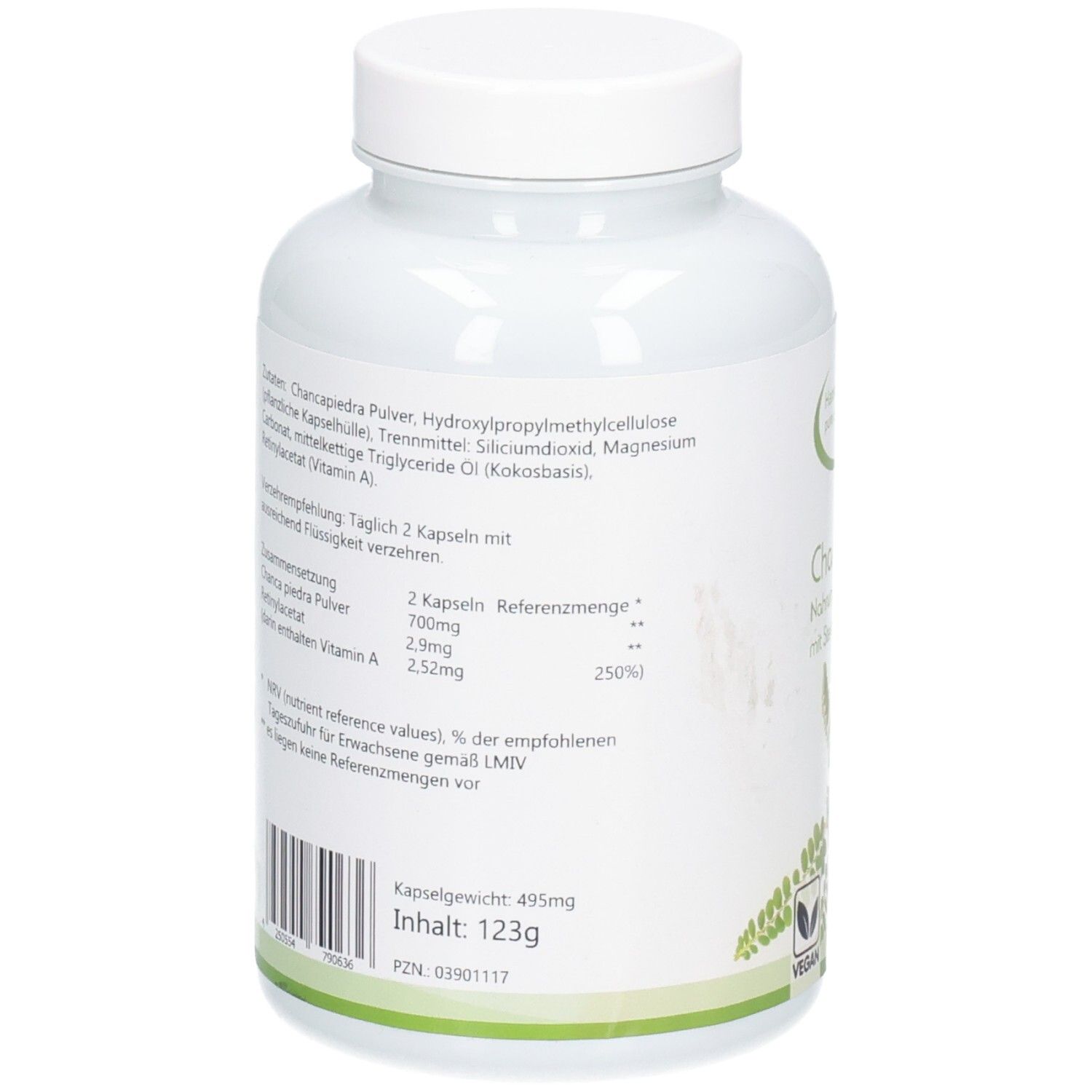 Rückseite der Flasche. Zutatenliste, Nährwertangaben, Barcode, Gewicht 123g, PZN.