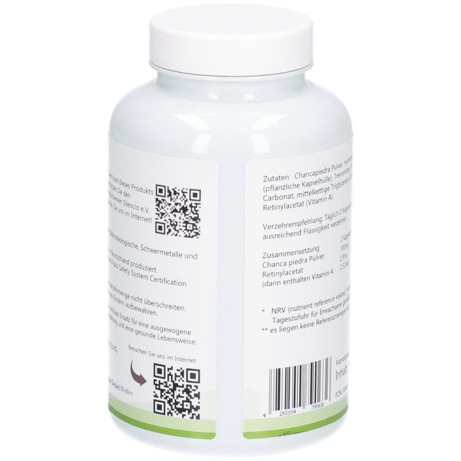 Rückseite der Flasche. QR-Codes, Zutatenliste, Nährwertangaben, Barcode.