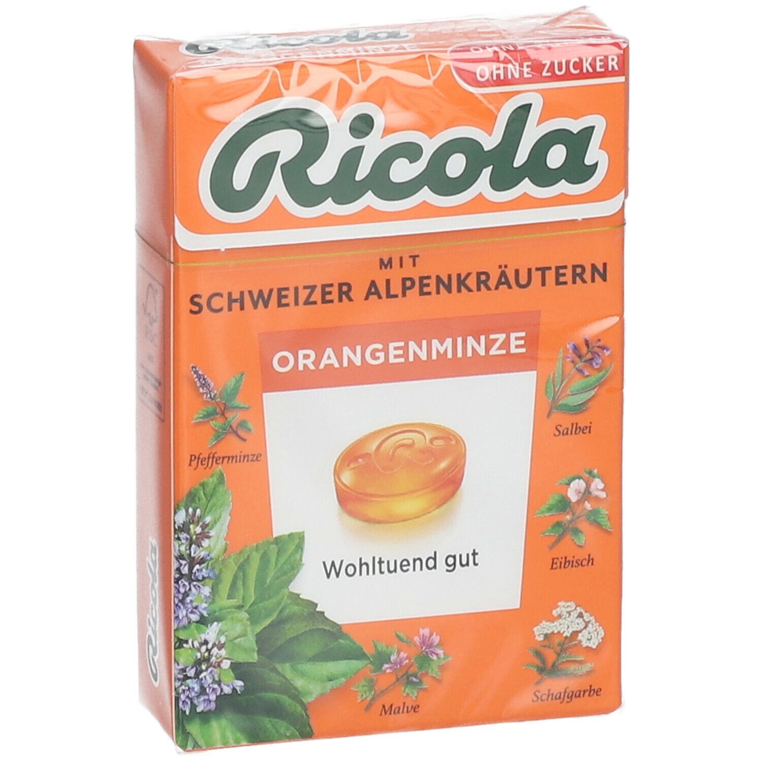 Ricola® Schweizer Kräuterbonbons Box Orangenminze ohne Zucker