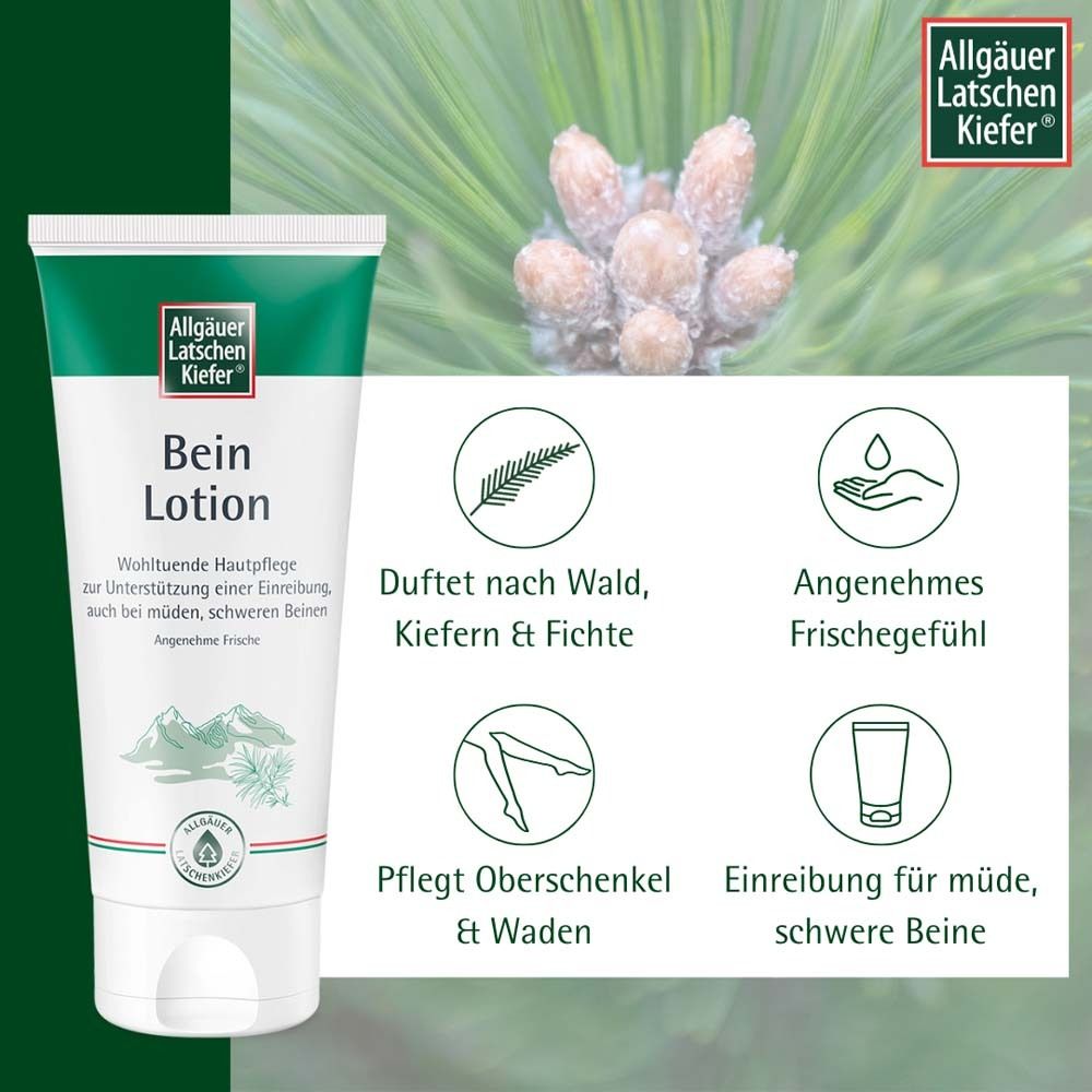 Tube Bein Lotion. Logo: Allgäuer Latschenkiefer®. Illustrationen: Kiefernzweig, Hand, Bein, Tube. Text: Duft, Frische, Pflege, Einreibung.