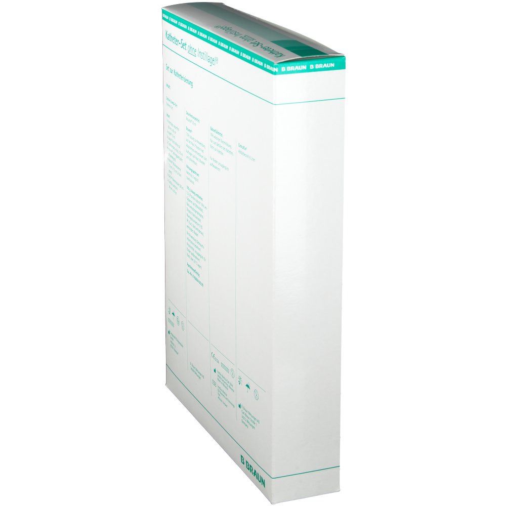 Verpackung des Katheter-Sets. Weißer Karton mit grünen Akzenten und Text. Marke B. Braun.