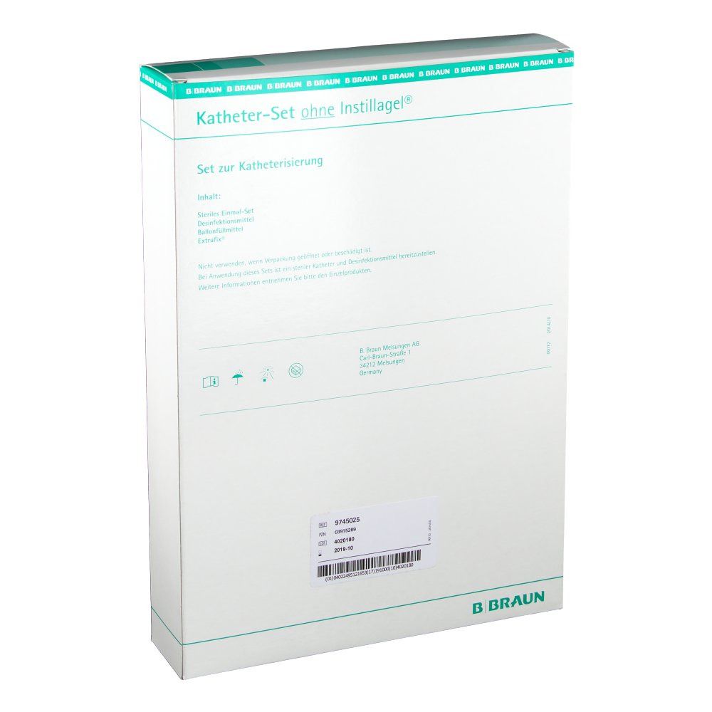 Verpackung des Katheter-Sets. Weißer Karton mit grünen Akzenten und Text. Marke B. Braun.