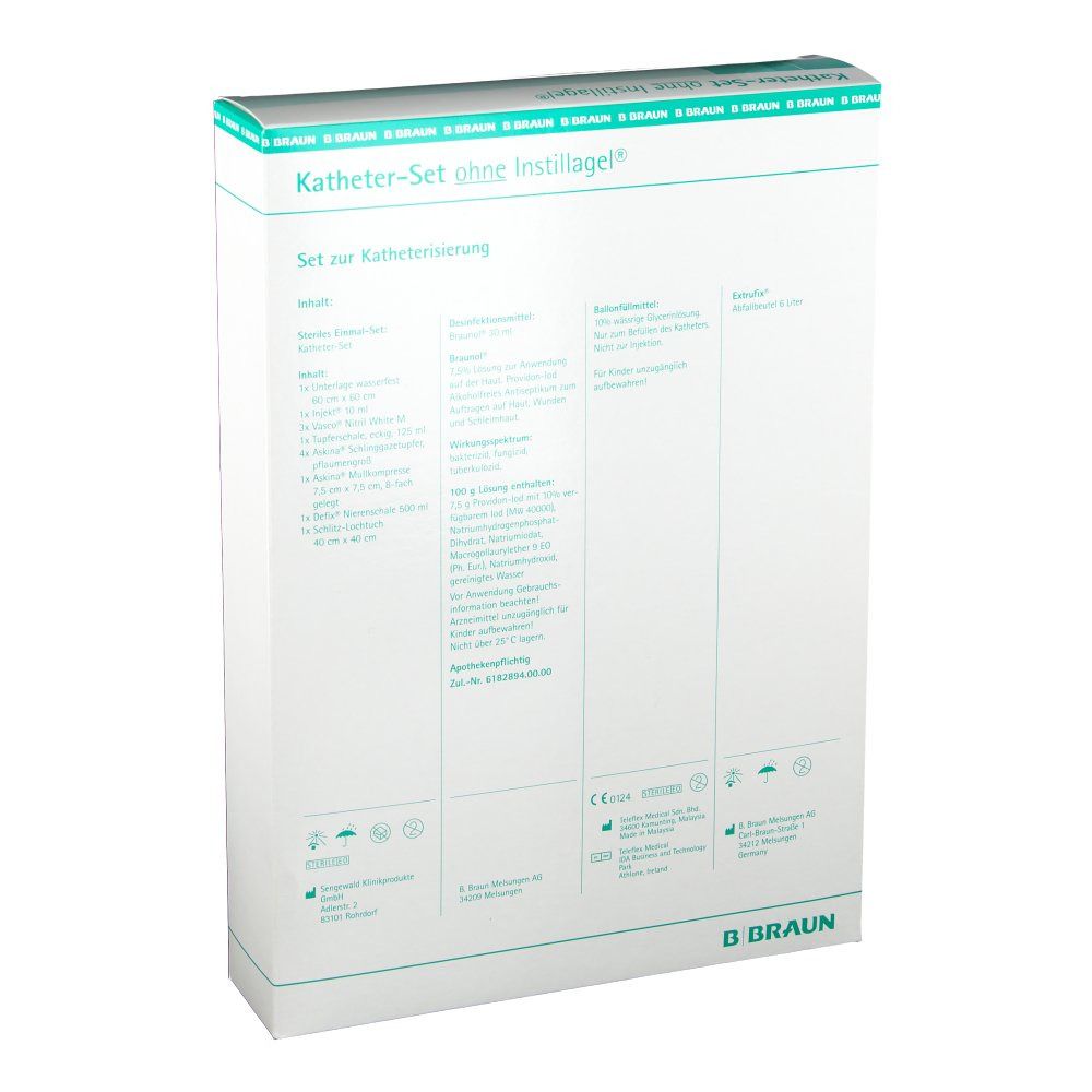 Verpackung des Katheter-Sets. Weißer Karton mit grünen Akzenten und Text. Marke B. Braun.