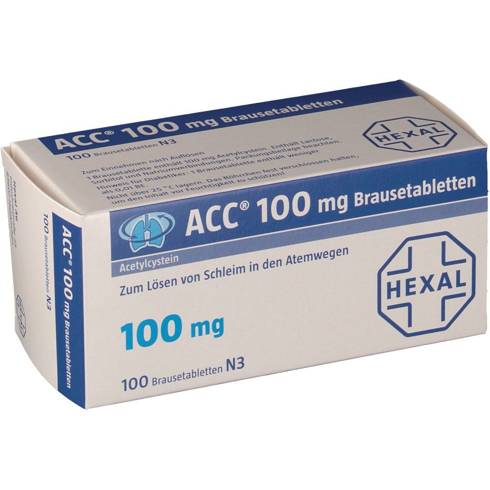 Schachtel mit Tabletten. Aufschrift: ACC® 100 mg Brausetabletten, 100 mg, Hexal Logo. Blaue und weiße Verpackung.