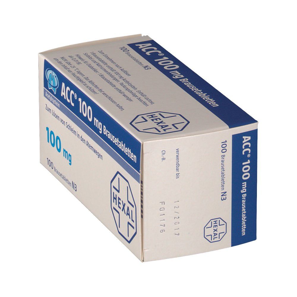 Schachtel mit Tabletten. Aufschrift: ACC® 100 mg Brausetabletten, 100 mg, Hexal Logo. Blaue und weiße Verpackung.