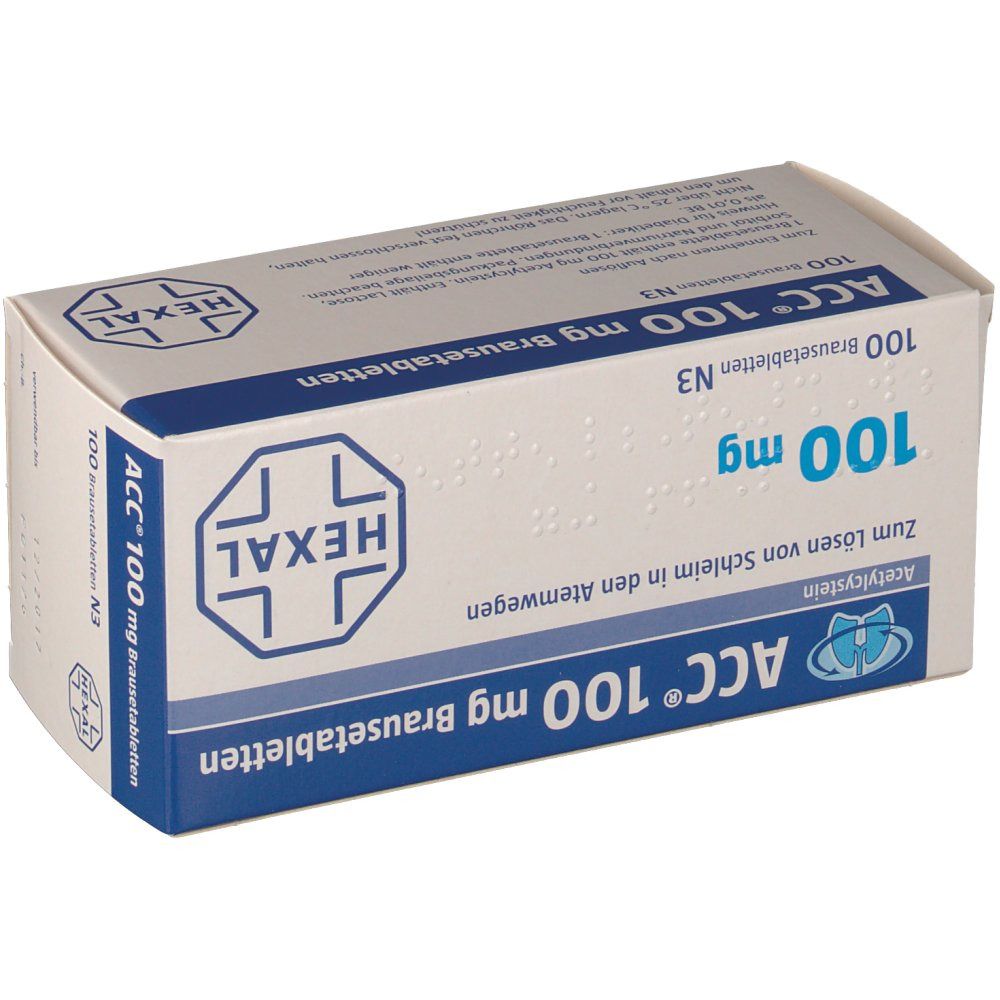 Schachtel mit Tabletten. Aufschrift: ACC® 100 mg Brausetabletten, 100 mg, Hexal Logo. Blaue und weiße Verpackung.