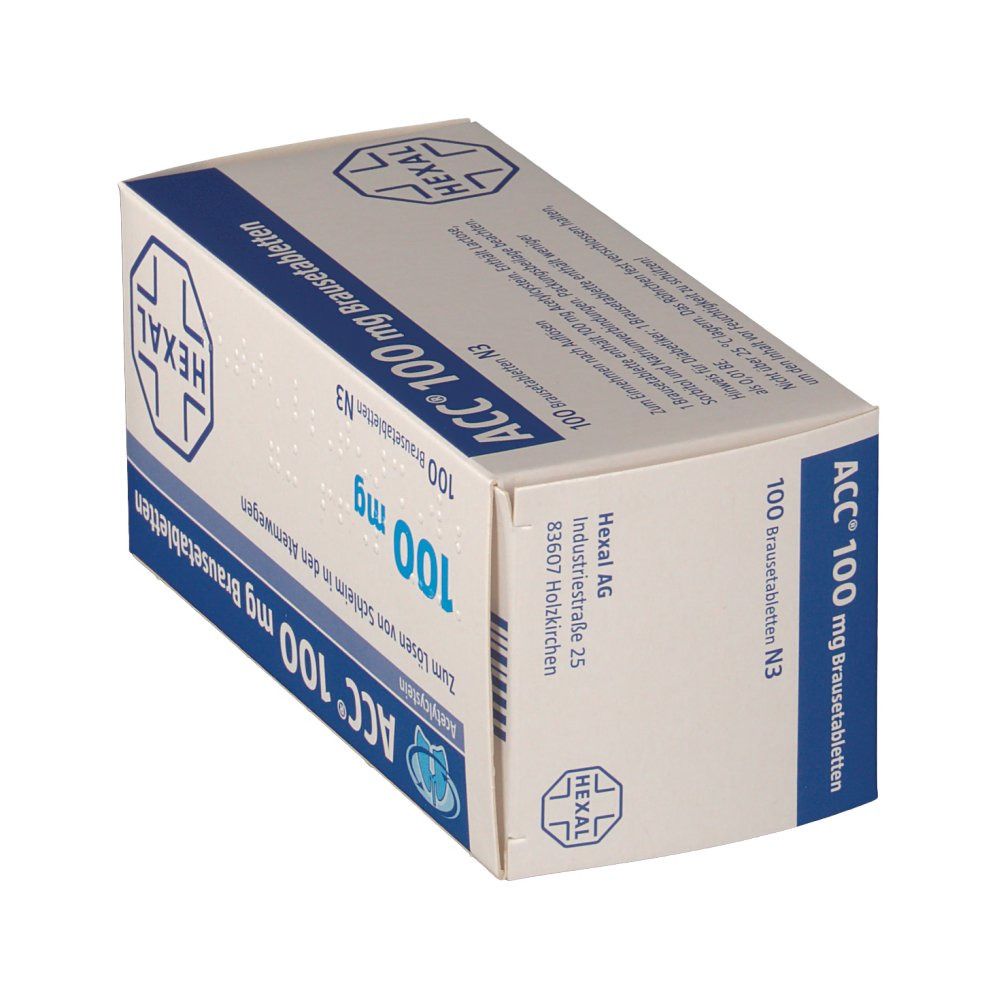 Schachtel mit Tabletten. Aufschrift: ACC® 100 mg Brausetabletten, 100 mg, Hexal Logo. Blaue und weiße Verpackung.