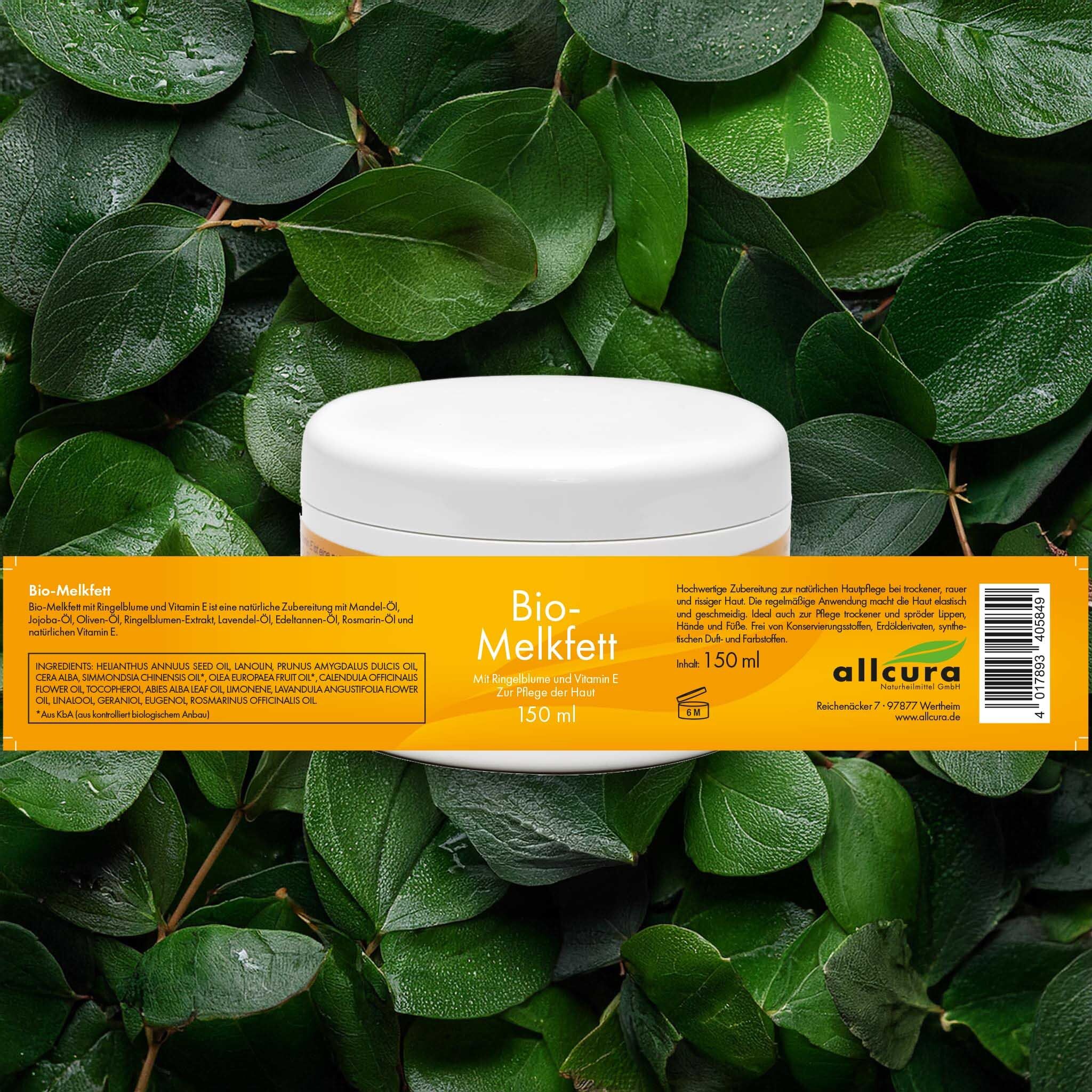 Gelbes Etikett mit Text: Bio Melkfett, Ringelblume, Vitamin E, 150 ml. Umgeben von grünen Blättern. Marke: allcura.