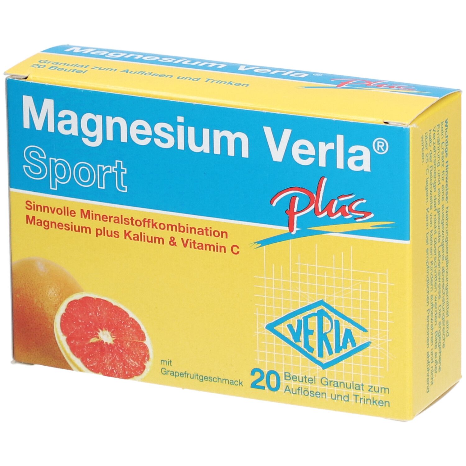 Gelbe Schachtel mit "Magnesium Verla Sport Plus". Enthält 20 Beutel Granulat. Abbildung einer Grapefruit.