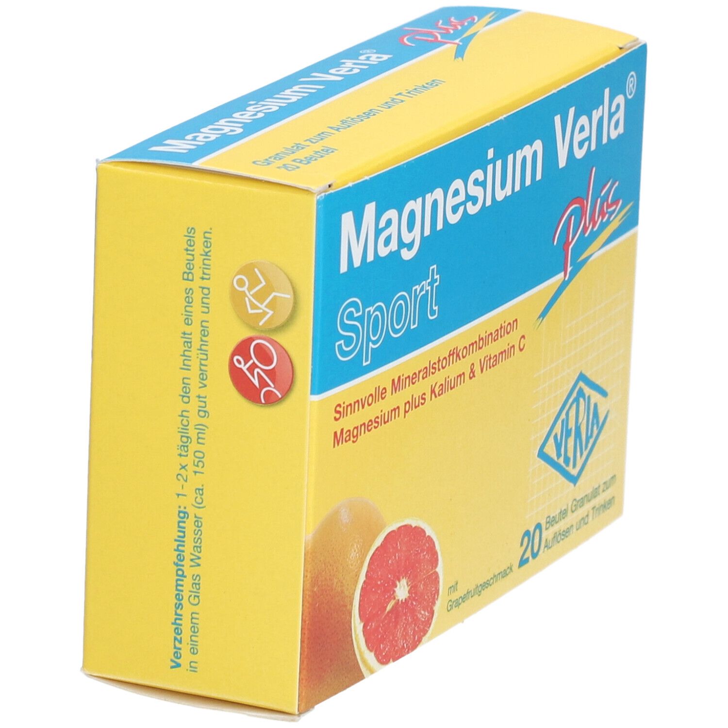 Gelbe Schachtel "Magnesium Verla Sport Plus". Enthält 20 Beutel Granulat. Grapefruit-Abbildung. Blaue und rote Schrift.
