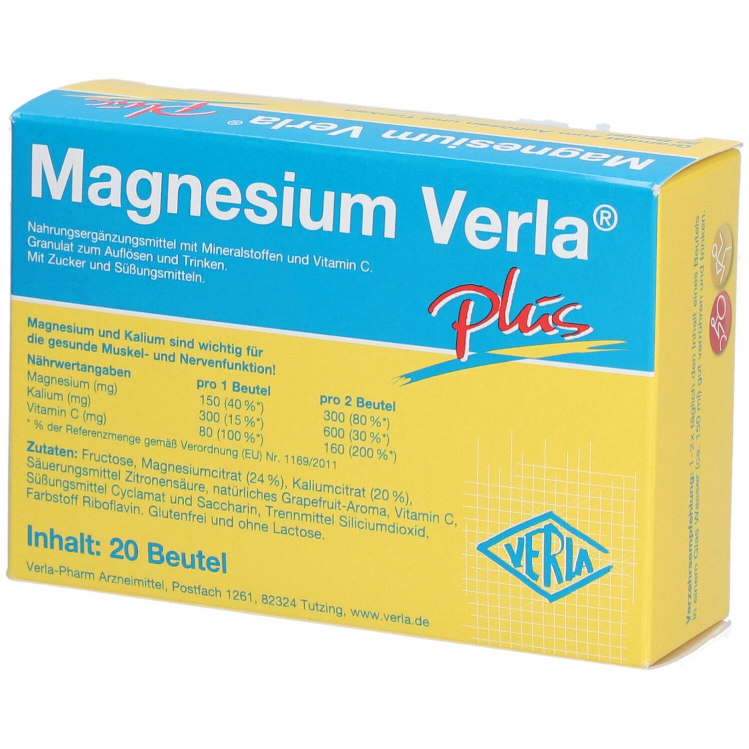 Gelbe Schachtel "Magnesium Verla Plus". Enthält 20 Beutel Granulat. Nährwertangaben und Inhaltsstoffe sind aufgedruckt.