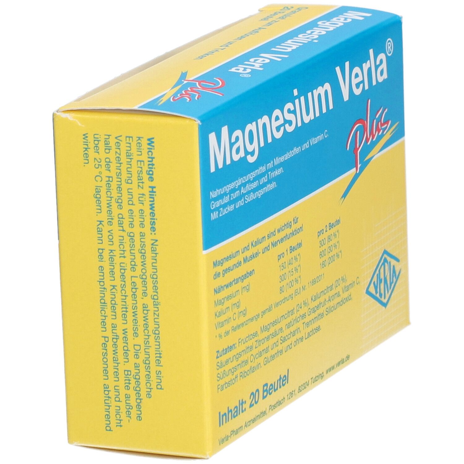Gelbe Schachtel "Magnesium Verla Plus". Enthält 20 Beutel Granulat. Nährwertangaben und Inhaltsstoffe sind aufgedruckt.