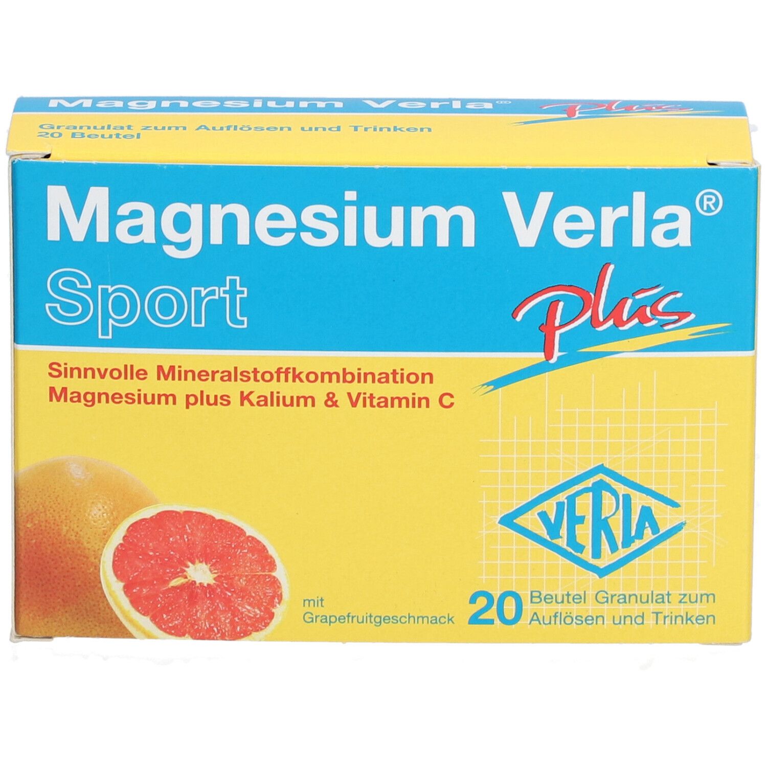 Gelbe Schachtel "Magnesium Verla Sport Plus". Enthält 20 Beutel Granulat. Abbildung einer Grapefruit.