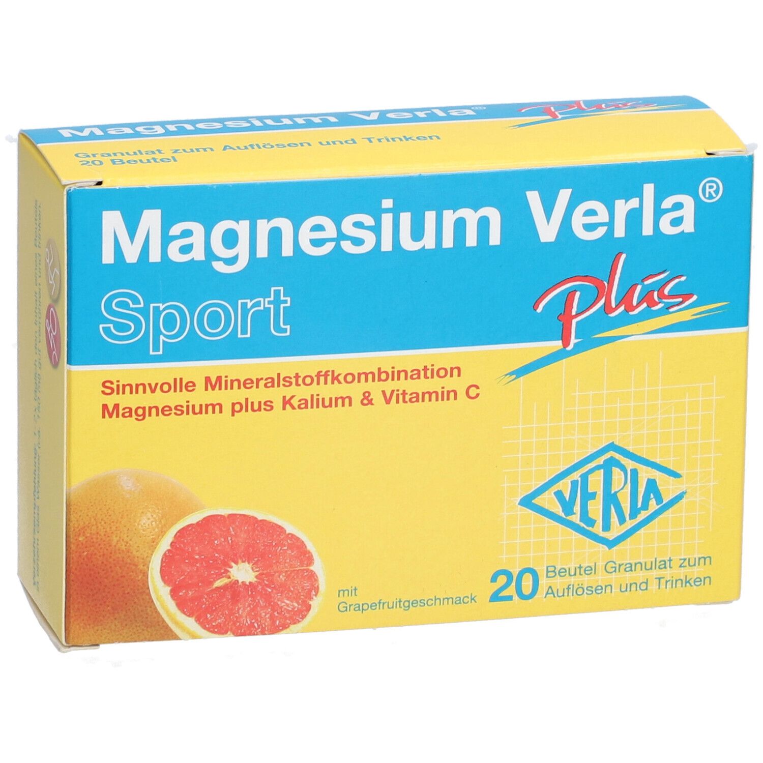 Gelbe Schachtel "Magnesium Verla Sport Plus". Enthält 20 Beutel Granulat. Abbildung einer Grapefruit.