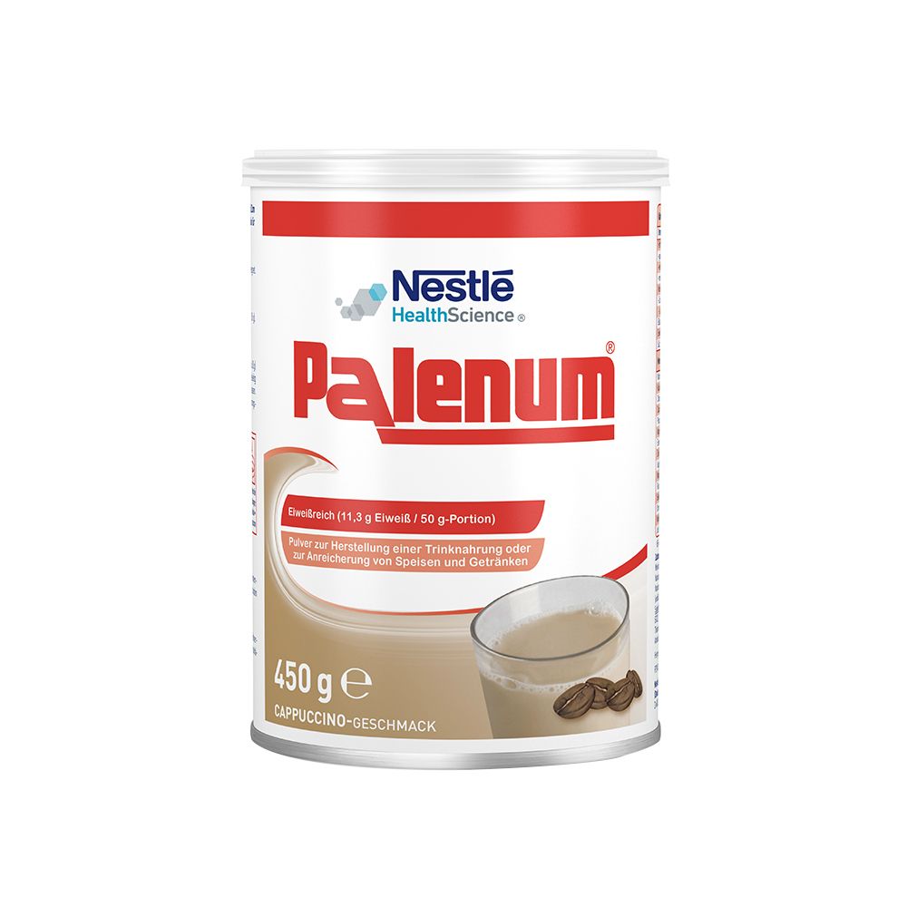 Runde Dose Palenum® Cappuccino. Roter Deckel, weißer Hintergrund. Aufschrift Palenum, Nestle Health Science. 450g, Cappuccino-Geschmack.