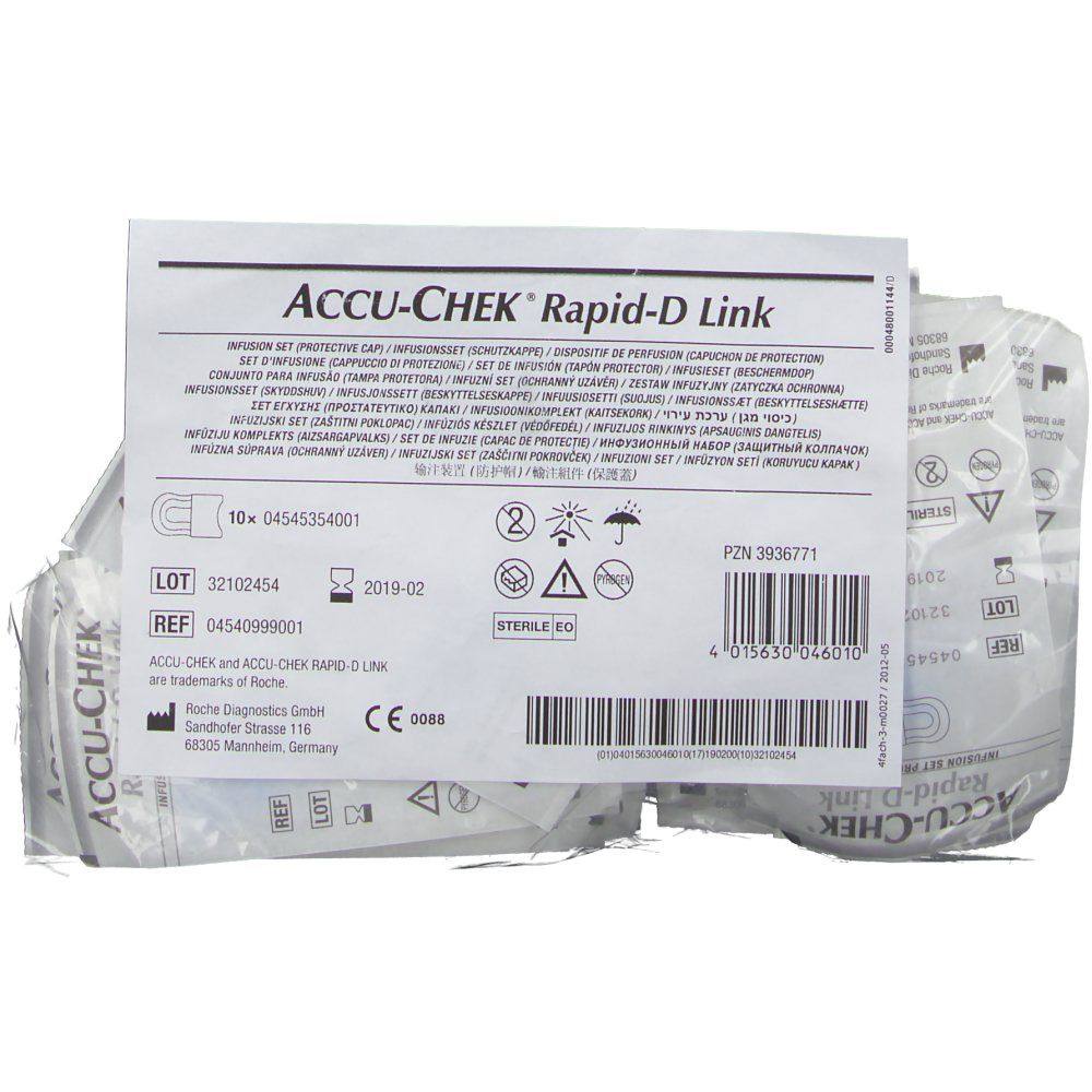 Verpackung mit ACCU-CHEK Rapid-D Link Protective Caps. Mehrsprachiger Text, Chargennummer, Haltbarkeitsdatum und CE-Kennzeichnung.