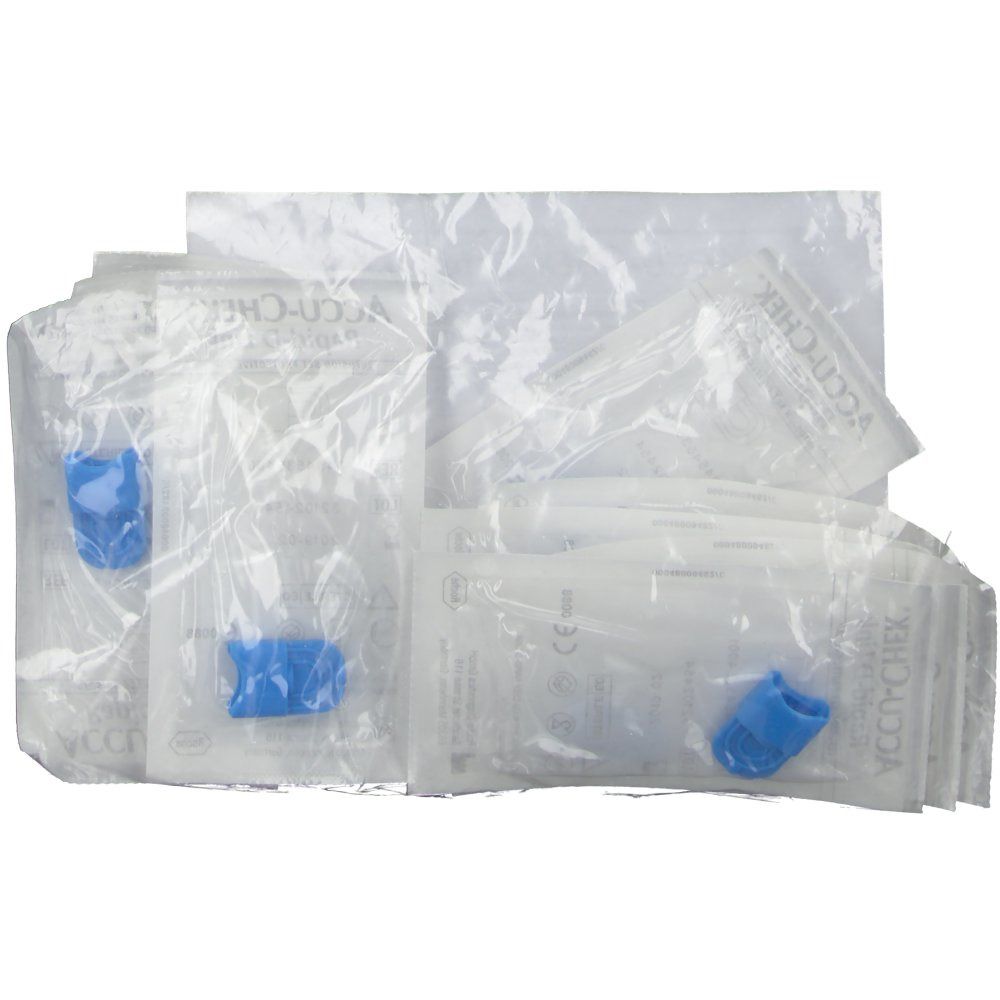Mehrere einzeln verpackte ACCU-CHEK Rapid-D Link Protective Caps. Blaue Schutzkappen in transparenten Beuteln.