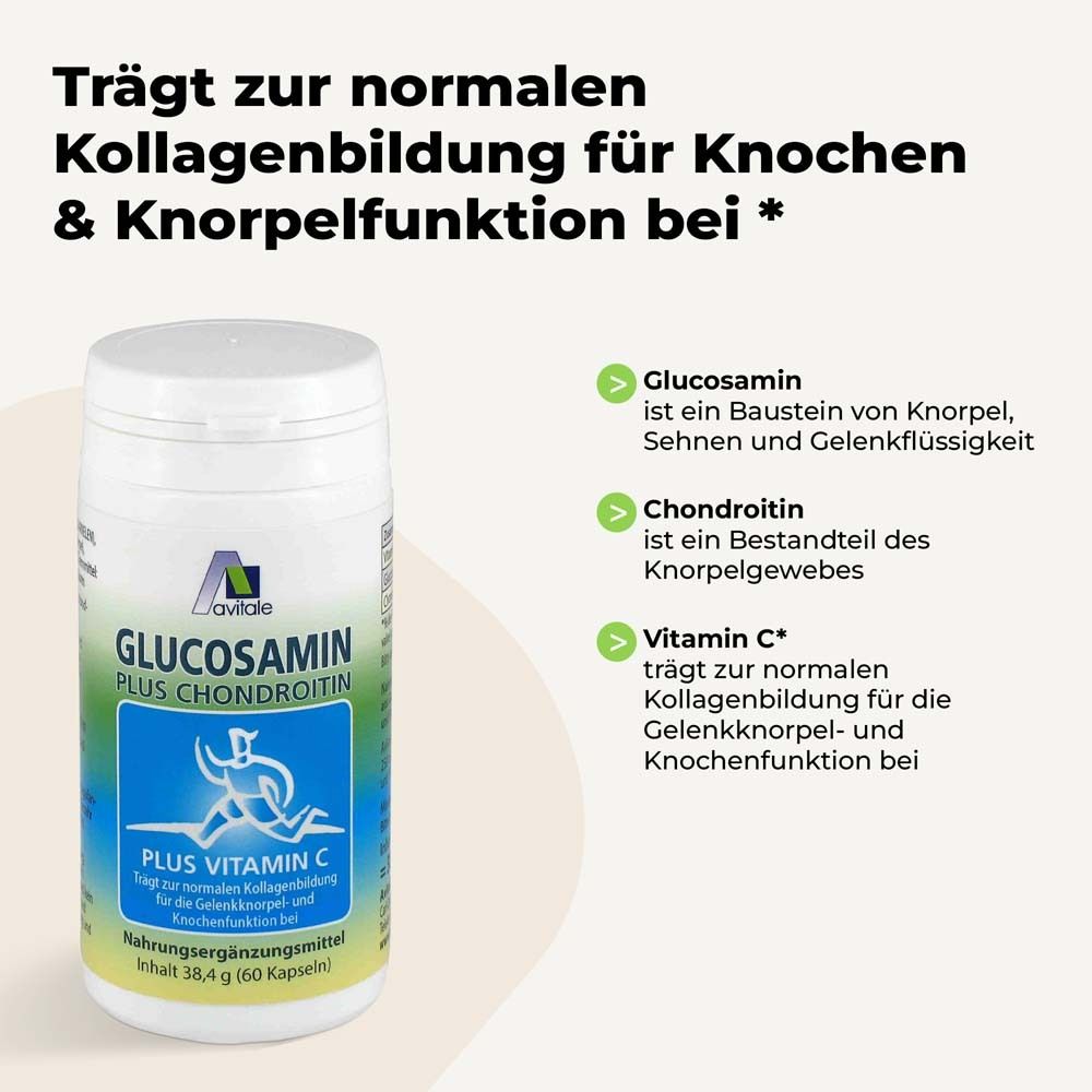 Weiße Dose mit Deckel. Aufschrift: Glucosamin Plus Chondroitin, Plus Vitamin C. Logo: Avitale. Text über Knochen- und Knorpelfunktion.
